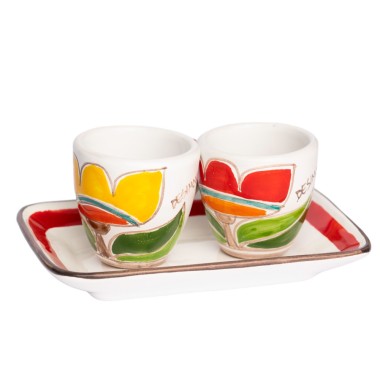 Handmade Sicilian Ceramic Coffee Cups with Tray Set Tulips Folk De Simone Pottery Handmade Sicilian Ceramic Coffee Cups with Tray Set Tulips Folk De Simone Pottery